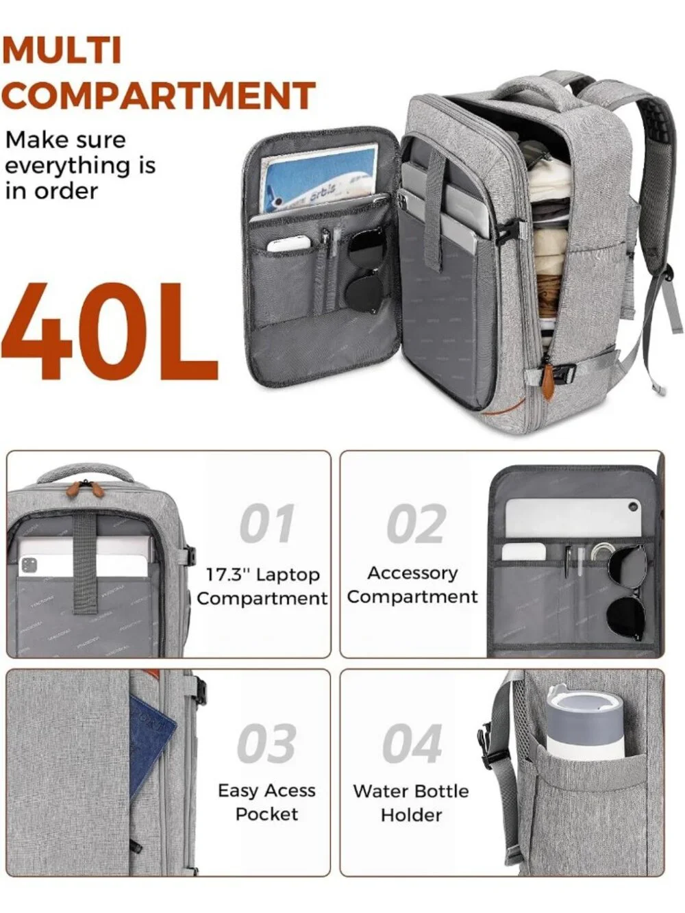 Expandable 40L Travel Backpack with Packing Cubes, Laptop Compartment & Shoe